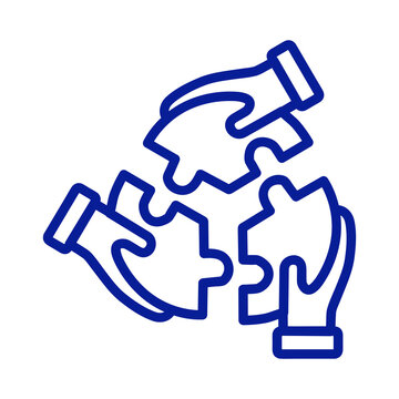 Blue outline icon showing three hands holding puzzle pieces together as a team transparent background