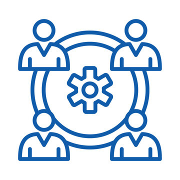 Blue linear icon featuring a gear symbol surrounded by four human figures transparent background