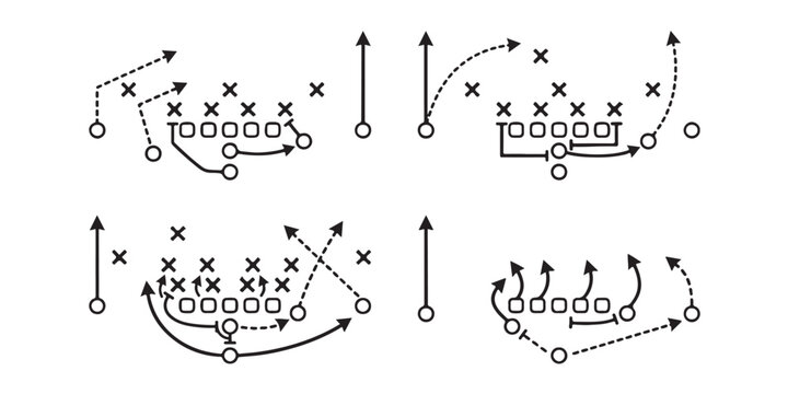 American football game play strategy diagrams with arrows and player positions