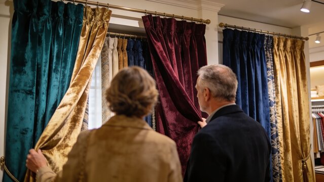 Luxury curtain showroom featuring elegant velvet drapes in teal burgundy navy blue gold colors with sophisticated couple examining premium window treatments rich textiles decorative rods classic inter