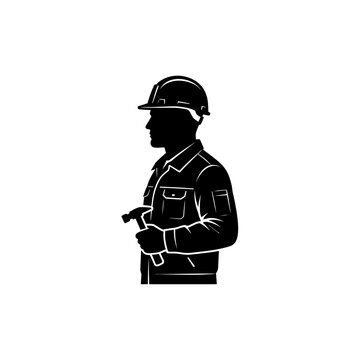 Builder in safety helmet holding hammer side profile black vector silhouette on white background.