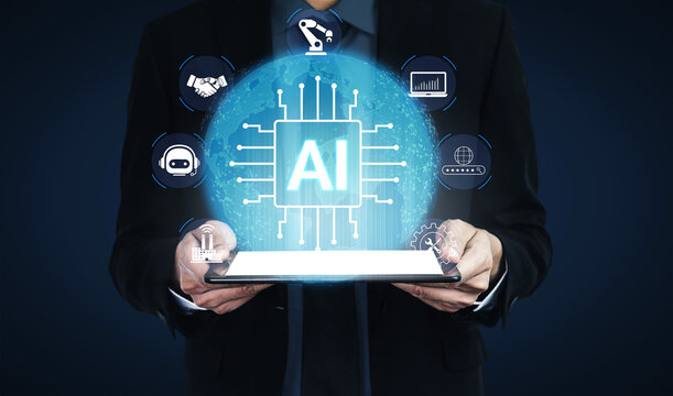 Business Professional Holding Tablet with AI Technology Concepts Illustrating Future Innovations and Data-Driven Solutions in a Modern Workplace Setting. Glyphic.