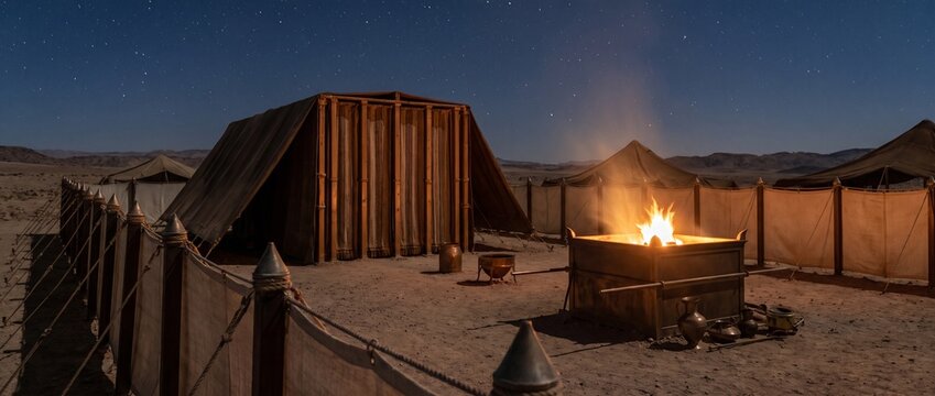 Cinematic wide view of the biblical Tabernacle (Mishkan) in the desert at night, featuring the glowing bronze Altar of Burnt Offering during the Exodus 40 years of wandering.