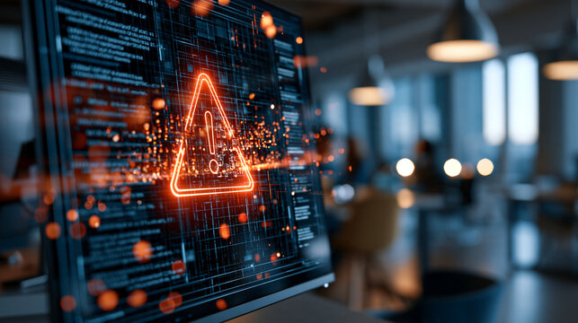 Bright modern corporate office setting with a futuristic screen displaying a red glowing warning alert symbol interrupting digital data file streams system monitoring concept