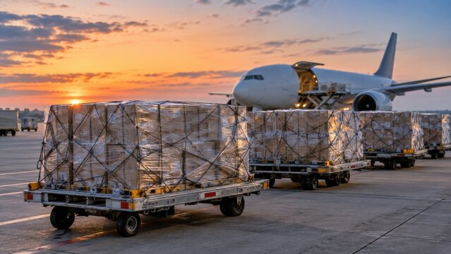 Cargo being loaded onto an airplane during sunset on an airport runway