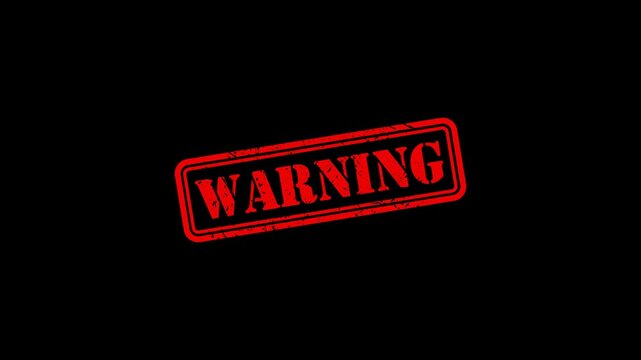 Red warning stamp animation on black background, grunge rubber stamp effect for alerts and notifications