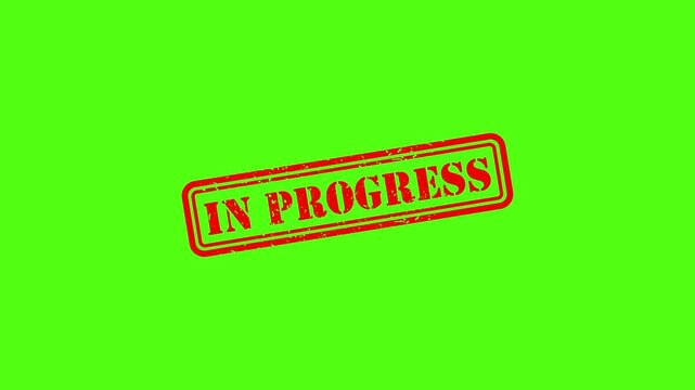 In progress red rubber stamp animation on green screen, business status concept, project management overlay