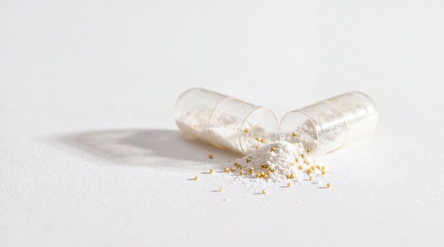 Transparent Prebiotic Capsules with HMO Powder on White Background for Wellness Editorial
