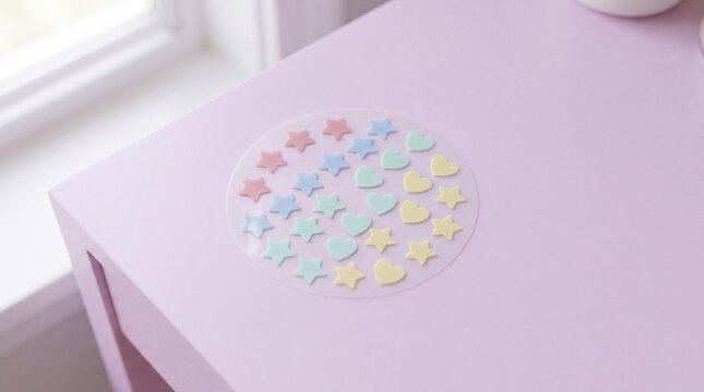 Pastel Star and Heart Hydrocolloid Pimple Patches on Lavender Background for Skincare Editorial