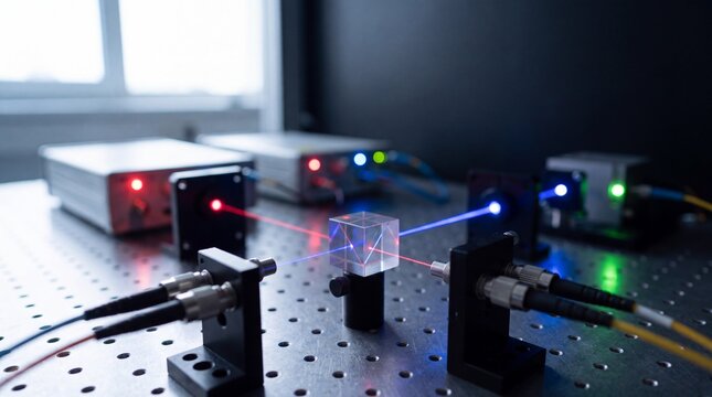 Fiber Optic Cables and Laser Beams on Optical Breadboard in Quantum Lab for Cybersecurity Banner