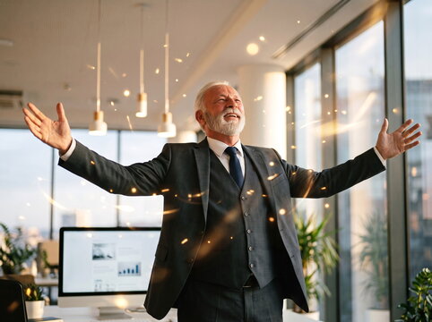 Triumphant Businessman Celebrating Success with Arms Raised in Office