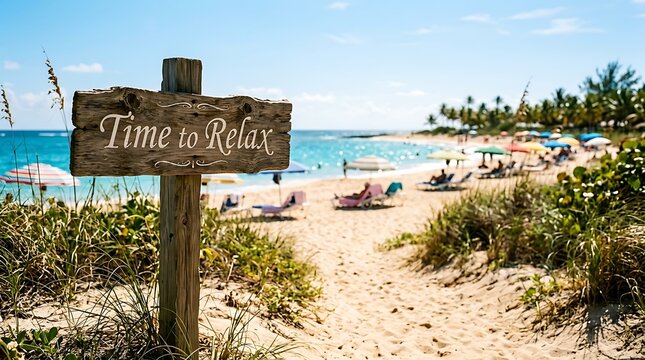 Wooden sign with text Time to Relax on a beautiful sandy tropical beach with blue ocean water and palm trees in summer