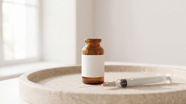 Amber Hormone Vial and Sterile Syringe on Stone Tray for Testosterone Therapy Editorial
