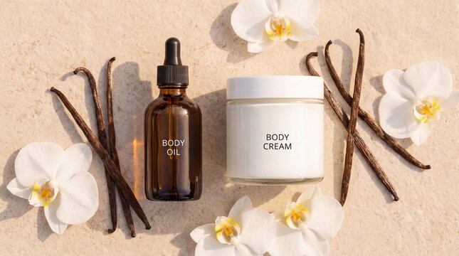 Vanilla Body Cream and Oil in Flat Lay on Beige Stone for Skincare E-commerce
