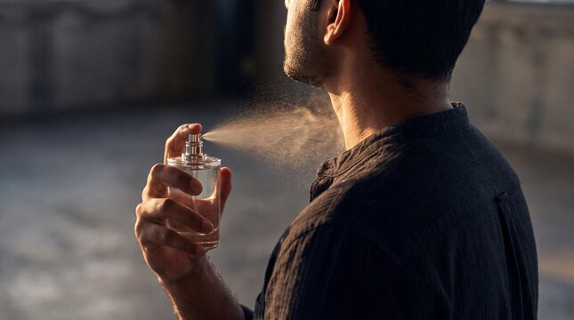 Indian Man Spraying Unisex Perfume Bottle in Moody Studio for Luxury Fragrance Campaign