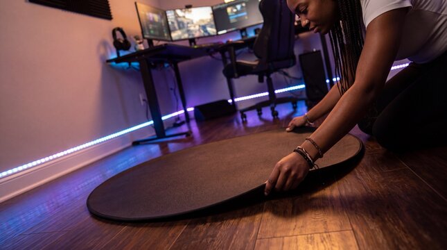 Hands of Black Woman Aligning VR Mat on Neon Gaming Floor for E-Commerce Product Showcase