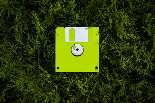 Retro floppy disk on natural foliage