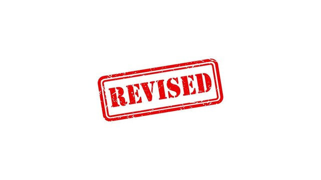 Red revised rubber stamp impression on white background, grunge text effect for business approval and document status