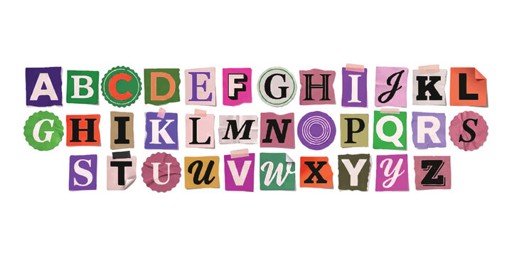 Alphabet set of letters made from colorful magazine paper scraps in ransom note style