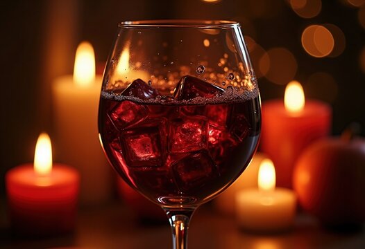 Dramatic Close-Up of Smooth Red Wine in Crystal Glass at Candlelit Dinner with Rich Dark Background