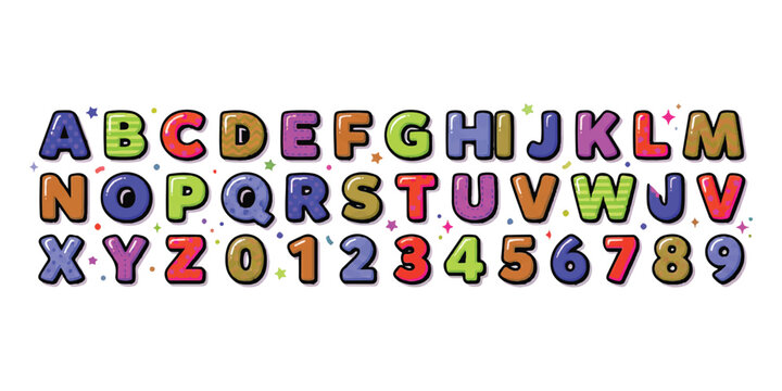 Colorful cartoon alphabet letters and numbers set with a fun glossy 3d bubble style