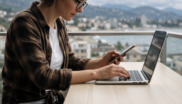 Woman working remotely on a laptop and phone on a balcony overlooking a coastal city, embodying digital nomad life.