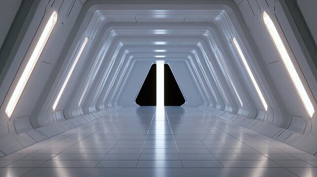 Futuristic, illuminated corridor with a dark, triangular portal at the end