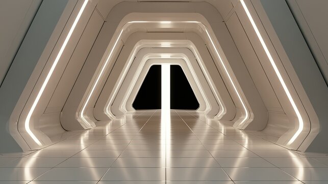 Futuristic glowing corridor with a bright portal at the end
