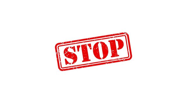 Red rubber stamp "stop" sign grunge texture animation on white background