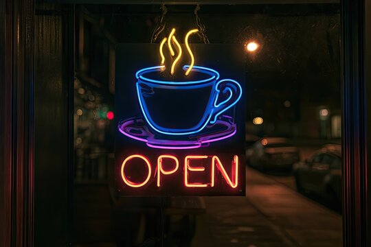 Bright neon sign of a steaming coffee cup and "OPEN" in a dark window