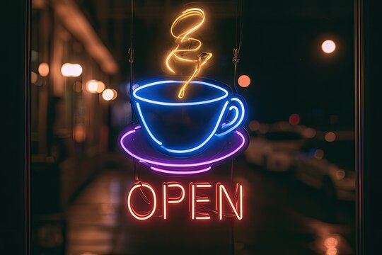 Vibrant neon sign featuring a steaming coffee cup and "OPEN" text glows at night