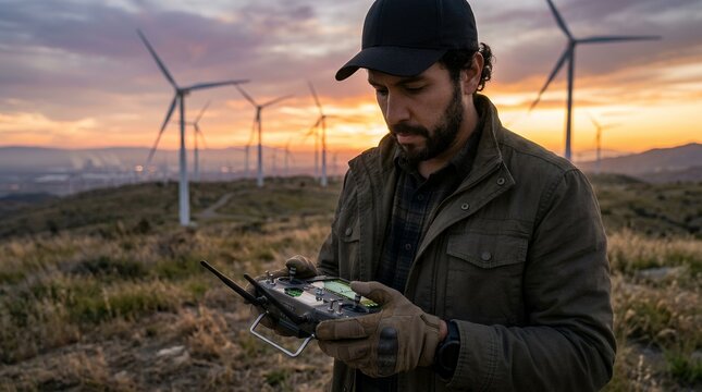 Drone pilot operating remote controller at wind turbine farm during sunset