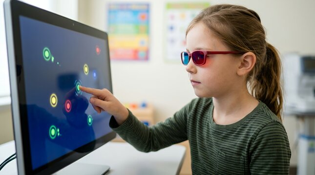 Young girl doing computerized vision therapy on an interactive touch screen monitor.