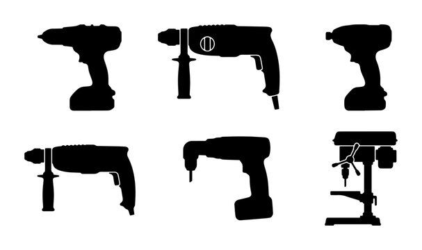 Power Tool Silhouettes: Cordless Drills, Impact Drivers, and Drill Press Vector Icons for Construction, DIY, and Workshop Projects