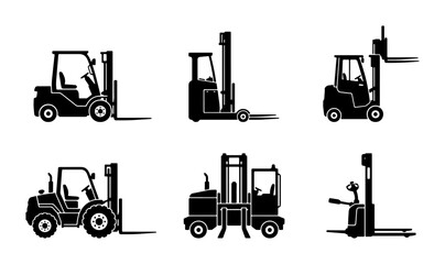 Forklift Truck Icons Set: Industrial Vehicle Silhouettes for Logistics and Warehouse Operations © Hasib