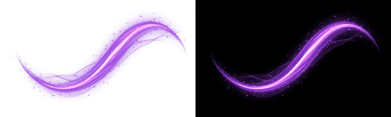 Purple glowing magic light wave or trail with sparkles isolated on transparent background © Shopna