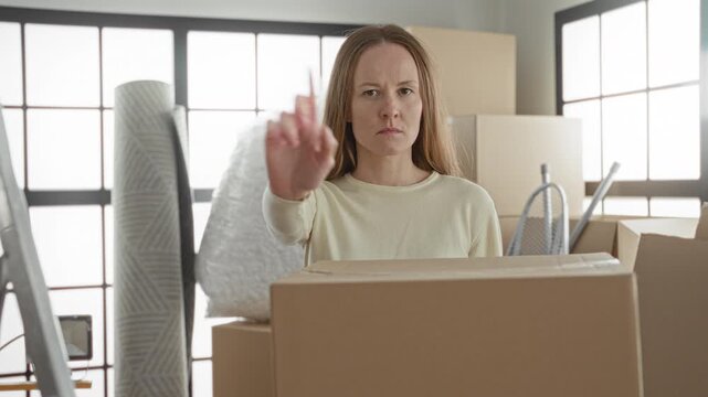 Woman points index finger at camera amid stacked moving boxes, bubblewrap, mattress and an ironing board in apartment; calm determination.