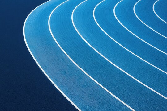 Blue athletic track curves with white lane lines, abstract perspective
