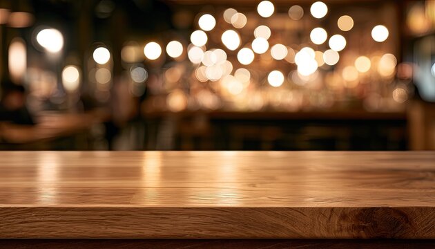 Warm, inviting bar scene with polished wooden counter in foreground