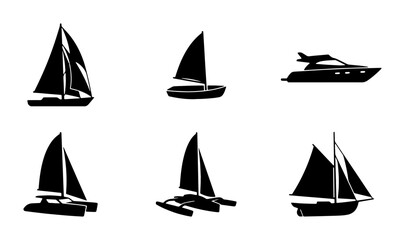 Set of 6 Black Silhouette Sailboat and Yacht Icons, Nautical Vector Graphics for Marine and Travel Themes © Nasir