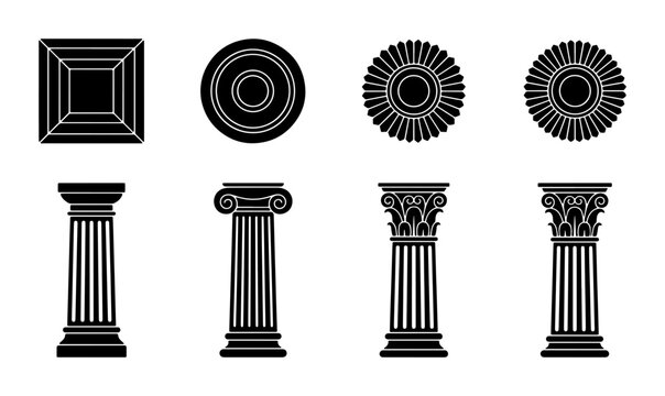 Classic Architectural Columns and Pedestals, Ancient Greek Roman Style Elements, Decorative Stone Pillars Vector Set