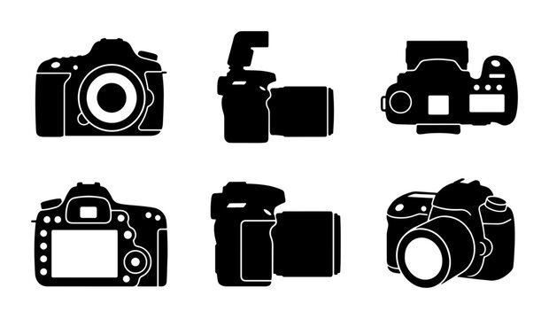 Digital Camera Icons Set: DSLR, Mirrorless, SLR Views, Photography Equipment Vector Graphics