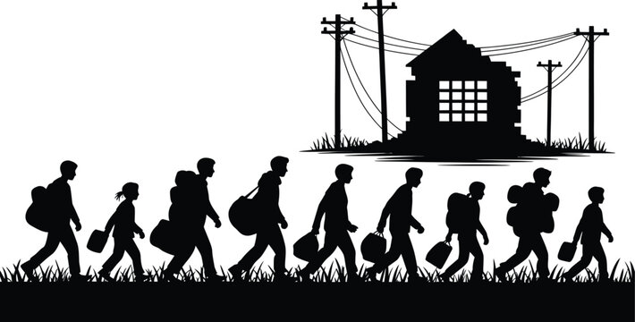 Refugee silhouette vector, displaced people walking with bags, war zone ruins and destroyed house background, humanitarian crisis illustration