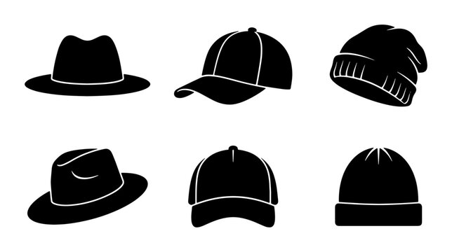 Set of 6 Black Silhouette Hats: Fedoras, Baseball Caps, Beanies, Headwear Collection