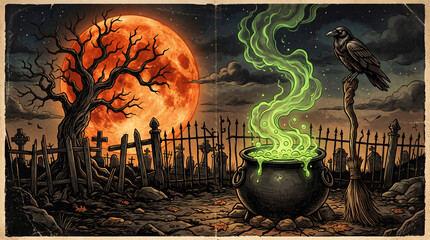Fototapeta premium Spooky Halloween illustration of a bubbling cauldron with green smoke in a graveyard under a full blood moon.
