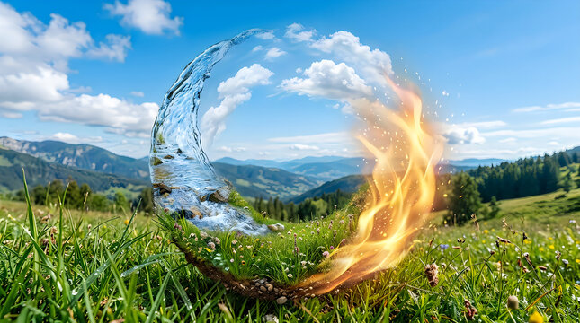Conceptual circle of fire and water elements in a sunny mountain meadow landscape.