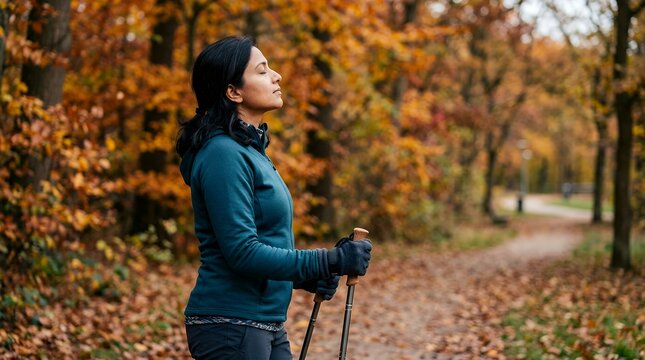 Woman taking a break during nordic walking in an autumn forest park