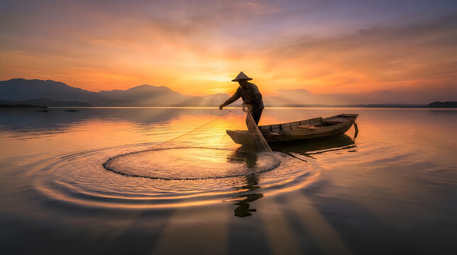 Fisherman casting a net from a wooden boat at sunrise on a calm lake