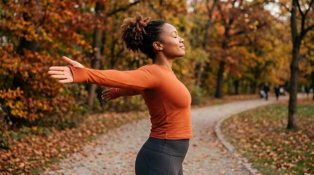 Woman stretching arms and breathing fresh air in an autumn park during outdoor fitness workout