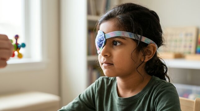 Young girl wearing eye patch for vision therapy and ocular health treatment